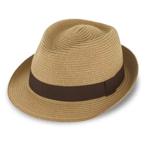 fiebig Jackson Trilby Papierhut mit farbigem Ripsband | Sonnenhut aus 100% Papier | Natur Sommerhut (61-XL, Camel)