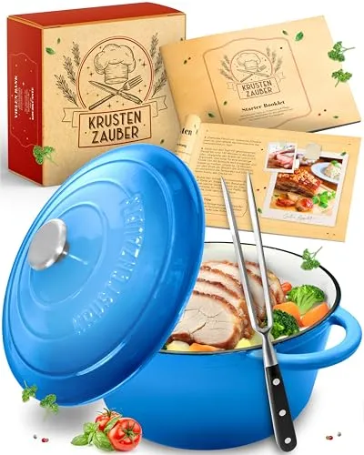 KRUSTENZAUBER Gusseisen Topf - 24cm Schmortopf inkl. Fleischgabel, backofengeeignet für perfekte Kochergebnisse und traditionelle Küche