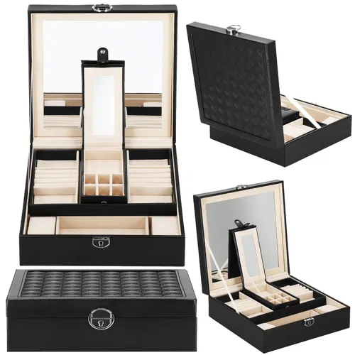 Elegante Schmuckschatulle mit Spiegel – 25 x 25 x 8,5 cm, Kunstleder Schwarz/Beige - Schmuckaufbewahrung mit zahlreichen Fächern und integriertem Spiegel, ideal für Reisen und zum Schutz Ihrer Schmuckstücke.