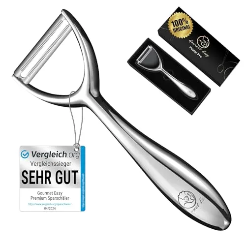 Hochwertiger Edelstahl Sparschäler mit ultrascharfer Klinge - Schäler für Obst & Gemüse mit ergonomischem, rutschfestem Griff – ideal für Küche, Camping und Picknick. Langlebig und rostfrei für müheloses Schälen.