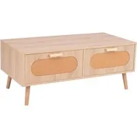 COSTWAY Rattan Couchtisch - Couchtisch im Mid-Century Modern Stil mit 2 praktischen Schubladen und offenem Fach für optimalen Stauraum. Der handgewebte Rattan sorgt für einen einzigartigen Boho-Charme in Ihrem Wohnzimmer.