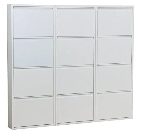 Dynamic24 XXL Schuhschrank Pisa New - Schuhschrank mit 12 Klappen, aus pulverbeschichtetem Metall, ideal für platzsparende Schuhaufbewahrung und modernes Design in Weiß.