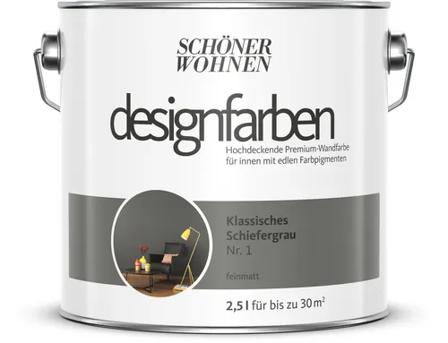 Schöner Wohnen Designfarbe Grau - Klassisches Schiefergrau 2,5L - Innenfarbe in Schiefergrau, UV-beständig und farbecht, ideal für alle Zimmer mit einer Abdeckung von 21-30 m². Wasserbasierte, matte Farbe für ein stilvolles Wohnambiente.