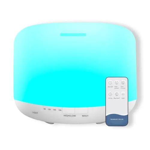 Diffusor für ätherische Öle, 500 ml, mit 7 bunten LEDs, Luftbefeuchter und Luftreiniger, Aromatherapie-Funktion, komplett mit Fernbedienung und Messbecher