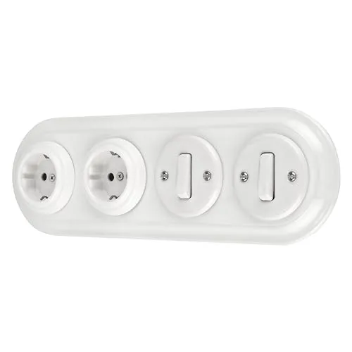 Unterputz Porzellan Retro Steckdose, Schalter, 4-fach, All-in-One, SET Serie PR1 weiß