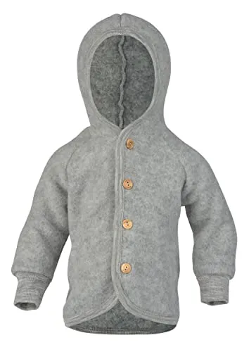 Engel Baby Jacke mit Kapuze Wollfleece (Grau Melange, 98-104) - Funktionsjacke aus hochwertigem Schurwoll-Fleece, leicht und warm, ideal für kalte Tage mit praktischen Holzknöpfen und Kapuze.