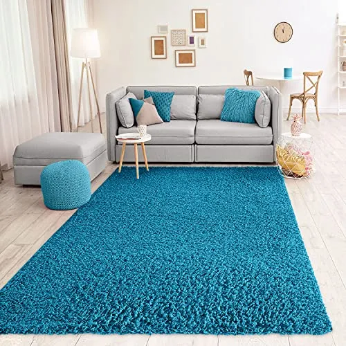 VIMODA Teppich Prime Shaggy Hochflor Langflor Einfarbig Modern Türkis für Wohnzimmer, Schlafzimmer, küche, Maße:Ø 80 cm Rund