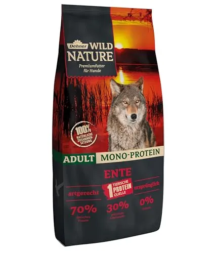 Dehner Wild Nature Hundefutter Mono Protein - Trockenfutter für ausgewachsene Hunde, Ente/Fisch, 12 kg - Getreidefreies und zuckerfreies Hundefutter mit 70% tierischem Protein, ideal für sensible Hunde und Allergiker. Unterstützt die Verdauung mit präbiotischen Stoffen und liefert essentielle Nährstoffe.