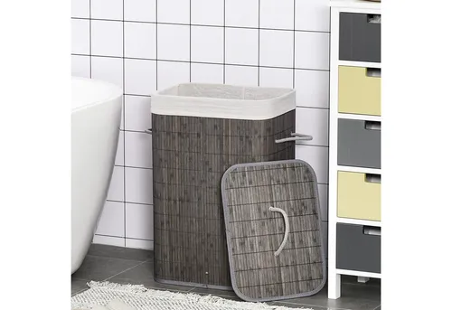 Homcom Wäschekorb - Grau, 43x61x32 cm aus Naturmaterialien - Hochwertiger Wäschekorb aus Bambus mit herausnehmbarer, waschbarer Innenauskleidung. Ideal für Ordnung und Aufbewahrung in Badezimmer, Schlafzimmer oder Waschraum.
