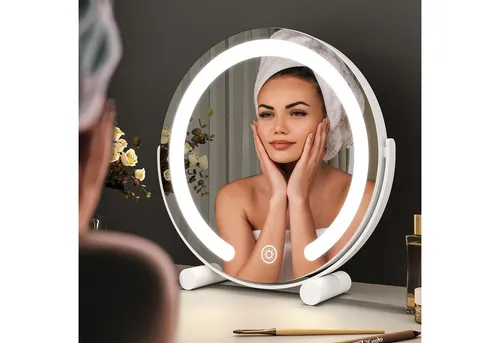 WDWRITTI LED Schminkspiegel mit Touch und 3 Lichtfarben - Moderne LED-Beleuchtung mit 3 Farbmodi und dimmbarer Helligkeit. Perfekt für präzises Make-up und Pflege. Stabiler Standfuß und hochauflösender Spiegel sorgen für optimale Nutzung.