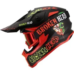 Broken Head Dirthelm FreakZone Schwarz-Grün-Rot Set + MX-2 Brille - Stylischer Motorradhelm mit einzigartigem Clown-Motiv, der für hohe Sicherheit und Komfort sorgt. Der Doppel-D-Verschluss garantiert perfekten Sitz und Stabilität. Zeige deinen individuellen Style auf jeder Fahrt!