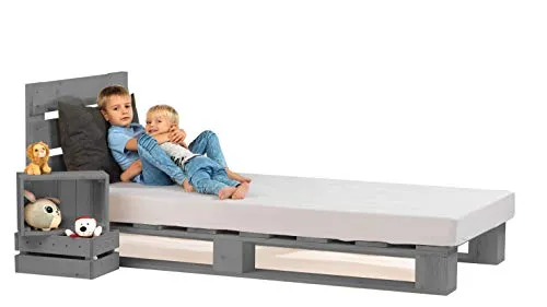sunnypillow Palettenbett 120x200 cm mit Kopfteil in Grau in grau von sunnypillow