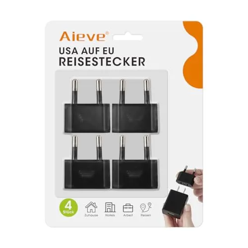 Aieve 4 Stück US to EU Adapter US zum 2 Pin Deutschland/Europa Stecker Amerika/Kanada/Mexiko Stecker Adapter Konverter Adapterstecker für Geräte mit USA-Netzteil (Schwarz)