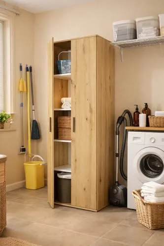 Happy Babies Utility-Schrank 60 cm | Weiß | Vorratsschrank für Staubsauger, Mopps & Reinigungsmittel | 176 cm hoch – Laminierte 16 mm Platte, Mattes ABS-Finish (Artisan)