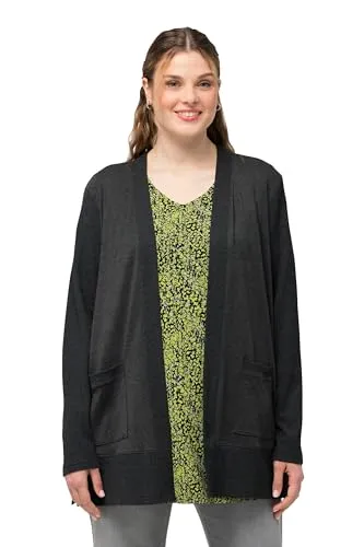 Ulla Popken Damen Rippe Sweatjacke, Schwarz, 46-48 - Funktionsjacken mit weichem, melierten Sweatstoff und lässiger offener Form, ideal für einen lässigen Look mit zwei praktischen Taschen und Seitenschlitzen für optimalen Tragekomfort.