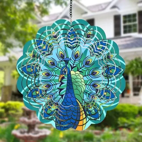 Guyode Windspiel Metall, Pfau 3D 30 cm Windspiele für Draußen Hängend, Fensterdeko Hängend, Kinetic Innedekoration Gartendeko für draußen Wind Spinner Ornamente Rotierende