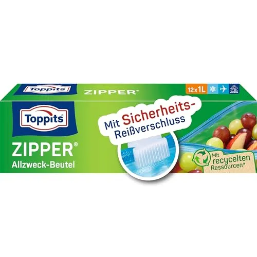 Toppits Zipper Allzweck-Beutel - 12 x 1L, Reißfeste Spezialfolie, Wiederverwendbar, Transparent, Ideal für Lebensmittelaufbewahrung und Reisen