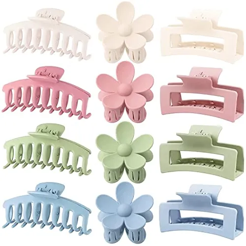 Große Haarklemmen 12 Stück Blumen-Haarklemmen für dickes Haar große Haarklemmen niedliche Haarklemmen 3 Stile Haarklemmen für dünnes Haar Frauen (Blau, Rosa, Khaki, Grün)