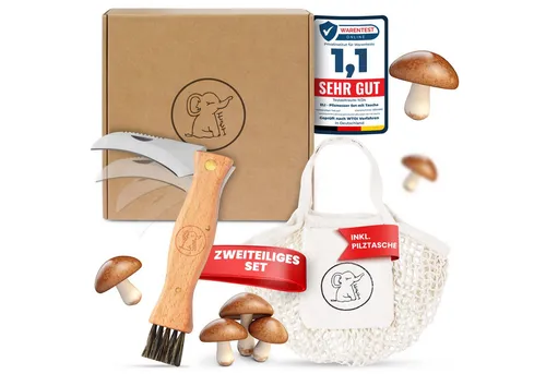 Eli Taschenmesser Pilzmesser mit Bürste und Tasche aus Baumwolle - Klappmesser, (Gartenhippe - Pilzbürste - Beutel - Schnitzmesser, 2 St., hochwertiges Schwammerlmesser mit Pinsel - Gartenmesser), ergonomischer Griff - Links und Rechtshänder - Tasche aus Baumwolle