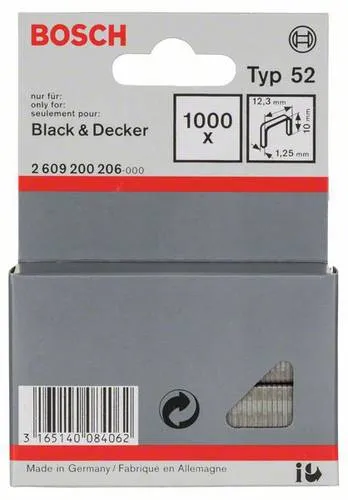 Bosch Accessories Professional 1000x Flachdrahtklammer Typ 52 (Karton, Papier, Folien, 12.3 x 1.25 x 10 mm, Zubehör Tacker)