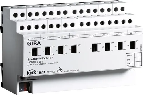 Gira 100600 Schaltaktor 8fach 16A REG - Schaltaktor für KNX mit 8 Ausgängen, ideal für effizientes Lichtmanagement in Smart Homes. Handbetätigung und einfache Installation machen ihn zur perfekten Wahl für moderne Elektrosysteme.