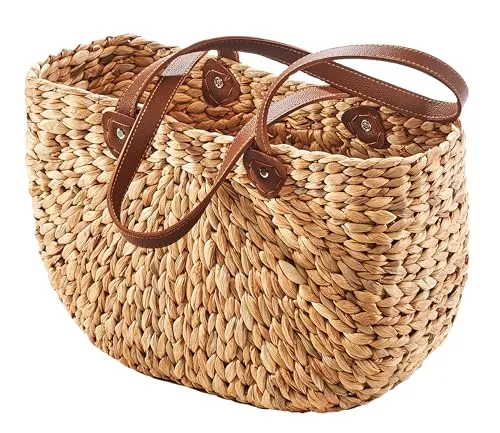 Kobolo Shopper Korbtasche - Wasserhyazinthe mit Lederhenkel - Shopper aus geflochtener Wasserhyazinthe mit eleganten Lederhenkeln, ideal für umweltbewusste Einkäufe und stilvolle Aufbewahrung.