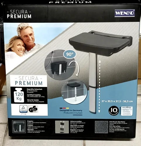 WENKO Duschklappsitz Secura Premium - Dusch- & Badestühle, platzsparend klappbar mit 120 kg Tragkraft und rutschhemmender Sitzfläche für sichere Nutzung in kleinen Duschen.