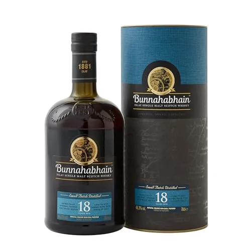 Bunnahabhain 18 Jahre - Single Malt Scotch - Islay Whisky, 18 Jahre gereift in Ex-Sherryfässern, mit vollem Aroma und maritimer Salznote, 100% natürliche Farbe und ohne Aromaentfernung durch Non-Chill-Filtered.