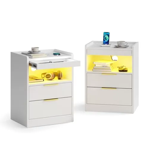 Mondeer Nachttisch 2er Set mit Steckdose und versteckter Schublade, Weiß