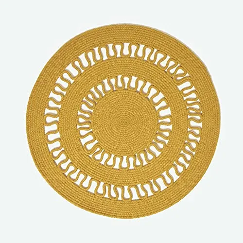Homescapes Geflochtener runder Teppich mit Häkel-Muster, senfgelb, 70 cm - Kurzflor-Teppich im modernen Boho-Stil, hautfreundlich und strapazierfähig, ideal für jeden Raum und kombinierbar mit verschiedenen Einrichtungsstilen.