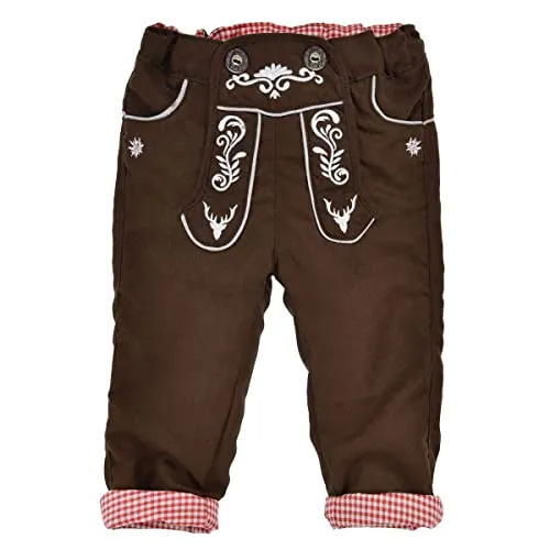 BONDI Baby-Trachten Laufhose in Lederhose-Look Braun - Trachtenlederhose für Jungen, gefüttert und aus weichem Kunstleder, ideal für festliche Anlässe, mit verstellbarem Gummibund für bequemes An- und Ausziehen.