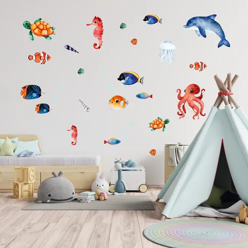 Meerestiere Wandtattoo Folie Aufkleber Kinder Junge Wohnzimmer DINA4 Y037-24