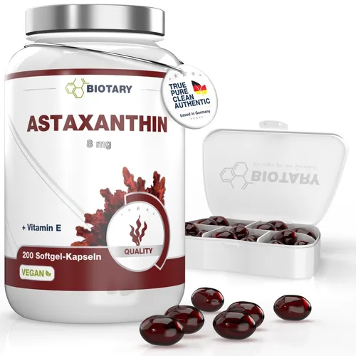 Astaxanthin 8 mg - 200 Softgel Kapseln - Vegan - mit Vitamin E - inclusive Pille