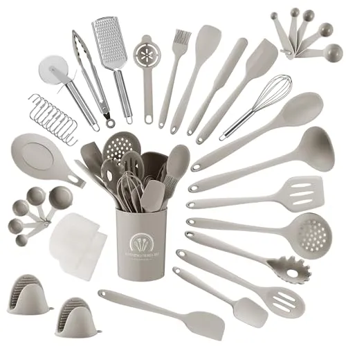 Küchenhelfer Set, 43 teiliges Küchenutensilien Set. Kochlöffel Set Silikon, Hochtemperaturbeständig und antihaftbeschichtet. Küchenutensilien beige mit Vorratsbehälter S Haken, spülmaschinenfest