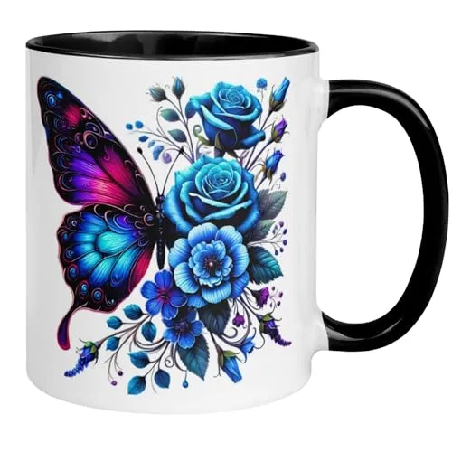 Schmetterling Tasse | Blau Lila Butterfly mit Rosen Motiv | Farbige Kaffeetasse mit Blume & Schmetterling | Geschenkidee für Frauen Freundin Mutter Geburtstag | Wunderschöner Becher für Büro & Zuhause