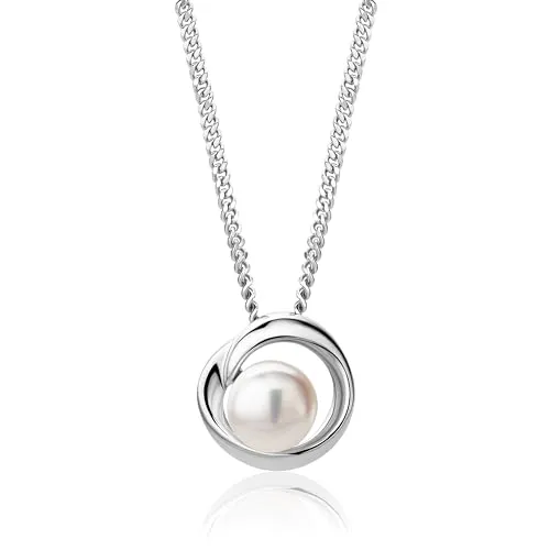 MIORE Schmuck Damen, 925 Sterling Silber, Perlenkette Damen, Silberkette mit Perlen Anhänger, Panzerkette 45 cm, Kettenanhänger Weiße Süßwasserperle, Perlenschmuck in hochwertiger Schmuckbox