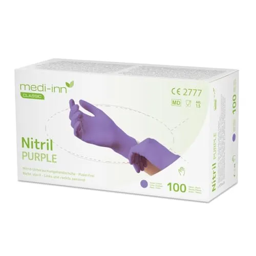 Medi-Inn® Classic Nitril Purple Handschuhe Größe S - Nitril Einmalhandschuhe in lila, medizinische Qualität, ideal für Reinigung, Altenpflege und Lebensmittelbereich. Besonders stabil und latexallergikerfreundlich mit Gripstruktur für besseren Halt.