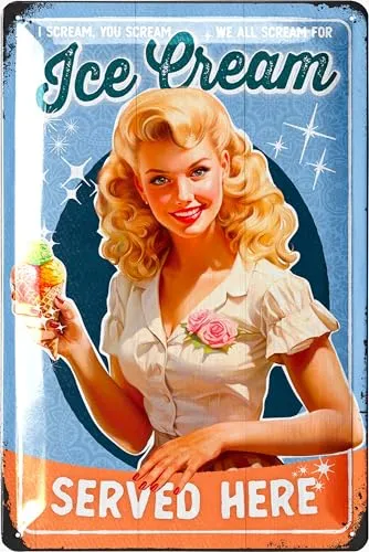 LANOLU Retro Blechschild ICE CREAM, vintage Küchen Schild, retro Deko Küche, Sprüche Schild, lustiges Metallschild mit Spruch 20x30cm