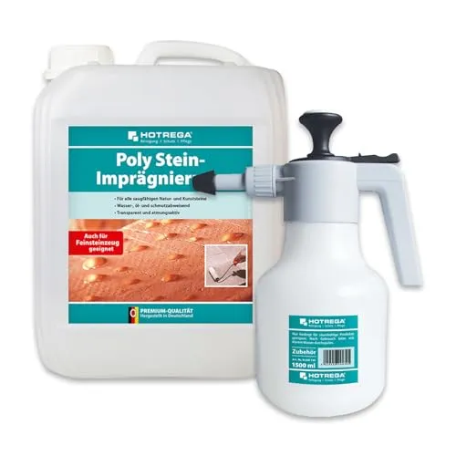 HOTREGA Poly Stein-Imprägnierung 5L - Fassadenschutz: Langanhaltender Schutz für Natur- und Kunststeine, wasser-, öl- und schmutzabweisend. Inklusive Drucksprüher für einfache Anwendung.