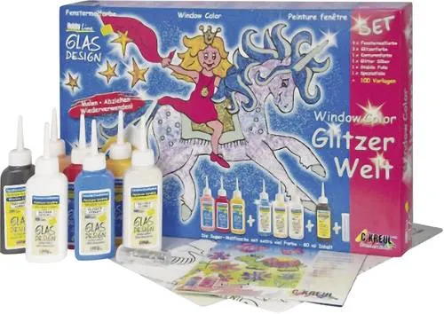 Window Color Glas Design Glitzerwelt - 6 Fenstermalfarben und Zubehör, kreatives Bastelset für Kinder ab 8 Jahren