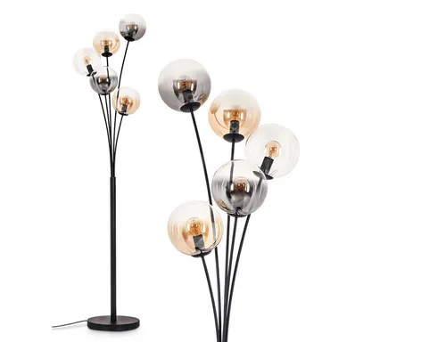 hofstein Stehlampe Schwarz/Bernstein, 5xE14 - Moderne Stehlampe aus Metall und Glas, Höhe 169 cm, ideal für Esszimmer und Wohnzimmer. Schalter am Kabel für einfache Bedienung, elegantes Design mit bernsteinfarbenen Schirmen.