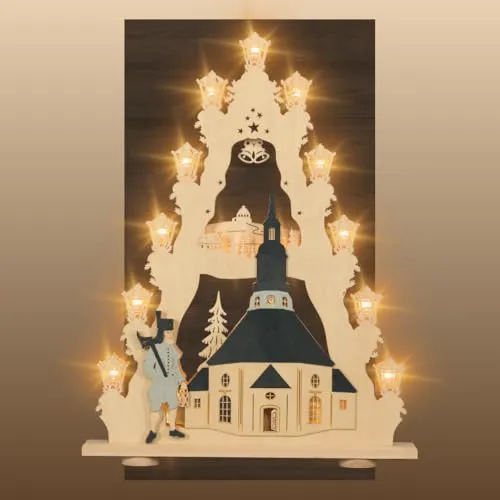 weigla Lichterspitze Erzgebirge - LED Lichterbogen Seiffener Kirche - Weihnachtsbeleuchtung mit 15 Lampenkerzen, inklusive Ersatzlampe. Hochwertige Holzkunst aus dem Erzgebirge für eine festliche Atmosphäre in Ihrem Zuhause.