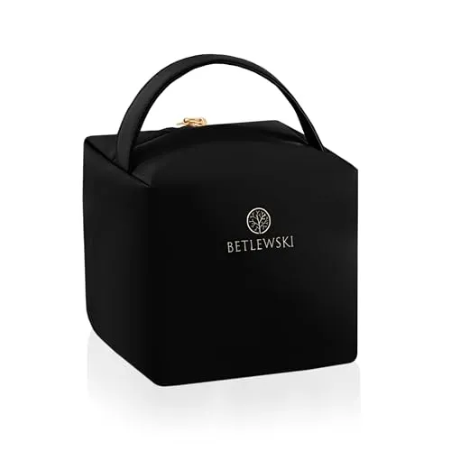 Reisetasche Kosmetiktasche – Betlewski – Kunstleder – Mellow – veganes Leder – quadratisch – Zwei Farben – Elegante Kosmetiktasche – Griff (Schwarz)