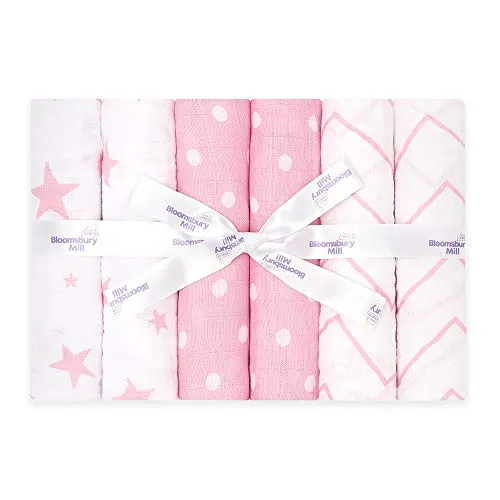 Bloomsbury Mill – Mulltücher Baby - 6er Pack 70x70cm - Spucktücher Baby aus 100% Reine Bio Baumwolle Musselin - Saugfähig, Atmungsaktiv Musselin Decke für Neugeborenen - Musselintücher - Rosa & Weiß