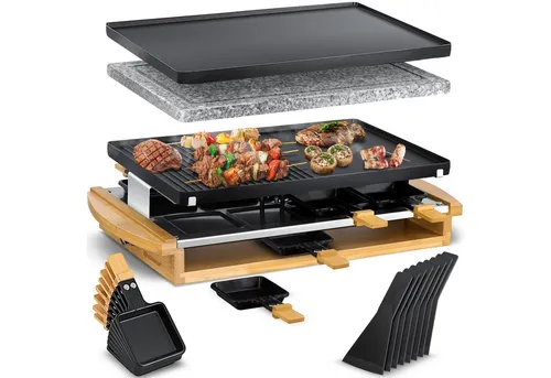 KESSER Raclette Grill mit Natursteinplatte - Raclette für bis zu 8 Personen, 1200 W, inklusive Grill- und Planchaplatte, hochwertige Antihaftbeschichtung und stilvolles Bambusholz für gesellige Abende.