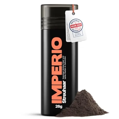 IMPERIO Streuhaar Dunkelbraun - Haarverdichtung in Sekunden - Haartönungen mit 100% natürlichen Fasern für ein authentisches, volles Haar. Dermatologisch getestet und wetterbeständig für langanhaltenden Halt.