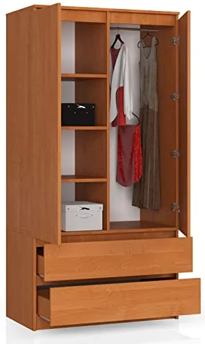 BDW Kleiderschränk 2 Türen, 4 Einlegeböden, Kleiderständer, 2 Schubladen, Mehrzweckschrank, Schubladenschrank, Garderobenschrank für Schlafzimmer, Wohnräume, 180x90x51cm, Erle
