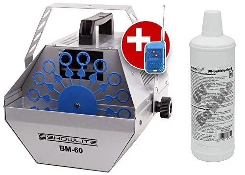 Showlite BM-60 Seifenblasenmaschine 60W mit Funk Fernbedienung und 1L Eurolite UV-Fluid gelb (0,6l Tank, 2-3 Stunden Laufzeit bei vollem Tank, Party Effekt, Disco Bubbles)
