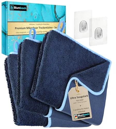 BLUMBACH® Ultra Wipes Trockentücher 3-Set 700 GSM 40x60cm Trockentuch Dusche | Extrem Saugstarkes Duschkabinen Tuch | Inkl. 2 Klebehaken | Putzlappen Bad, Fastdry | Deutsche Marke Maschinenwaschbar