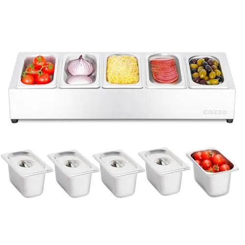 Cozze Topping-Station, ca. B60/H13,5/T19,5 cm - Grillzubehör für perfekte Organisation in Ihrer Outdoor-Küche. Mit fünf spülmaschinengeeigneten Edelstahlbehältern für frische Zutaten – ideal für Pizzaabende und Cocktails.